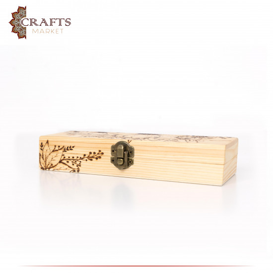 Pyrography Art Handmade Beige Wood Box with a Flowers Decoration