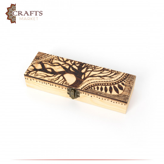 Pyrography Art Handmade Beige Wood Box Decorated with a Tree of Life drawing and ornaments Pyrography Art Handmade Beige Wood Box Decorated with a Tree of Life drawing and ornaments