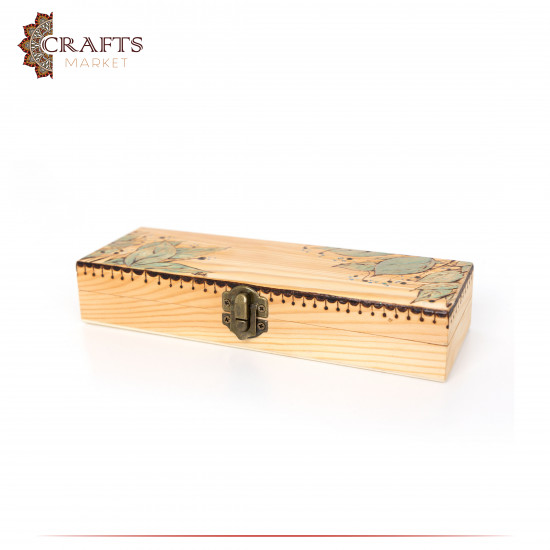 Pyrography Art Handmade Beige Wood Box Decorated with a Floral  Decoration
