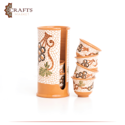 Handmade Brown Clay Coffee Cup Set in Mosaic Grape Design, 7 PCS
