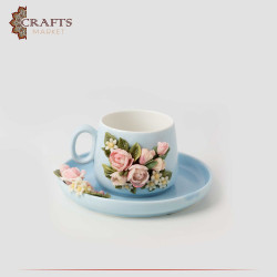 Hand-decorated Blue Porcelain Cup Set with a Ceramic Roses Design, 2PCs