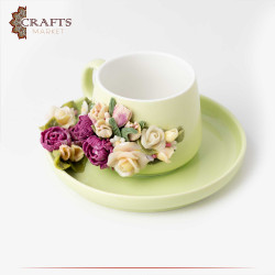 Hand-decorated Green Porcelain Cup Set with a Ceramic Roses Design, 2PCs