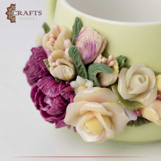 Hand-decorated Green Porcelain Cup Set with a Ceramic Roses Design, 2PCs Hand-decorated Green Porcelain Cup Set with a Ceramic Roses Design, 2PCs