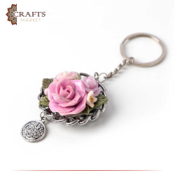 Hand-decorated Metal Keychain with a Ceramic Roses Design
