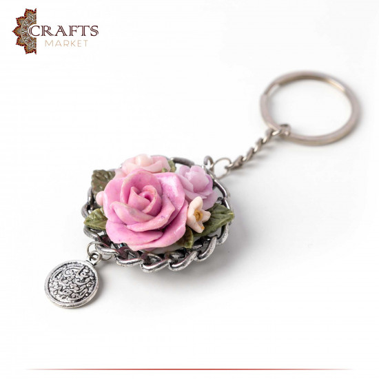Hand-decorated Metal Keychain with a Ceramic Roses Design