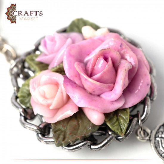 Hand-decorated Metal Keychain with a Ceramic Roses Design
