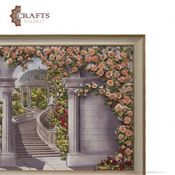 لوحة من السيراميك مع اطار خشبي مزينة بالورود
