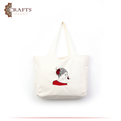 Handmade Beige Fabric Women's Tote Bag with  Lady and Butterfly  design