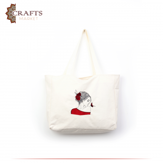 Handmade Beige Fabric Women's Tote Bag with Lady and Butterfly design Handmade Beige Fabric Women's Tote Bag with Lady and Butterfly design