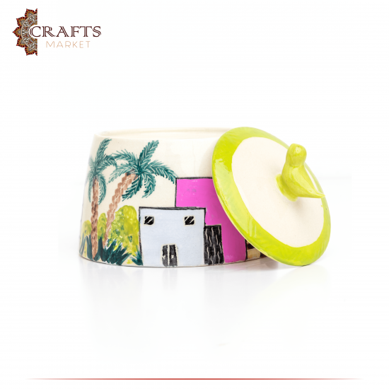 Handmade Multi Colored Ceramic Service Pot Village Design Handmade Multi Colored Ceramic Service Pot Village Design