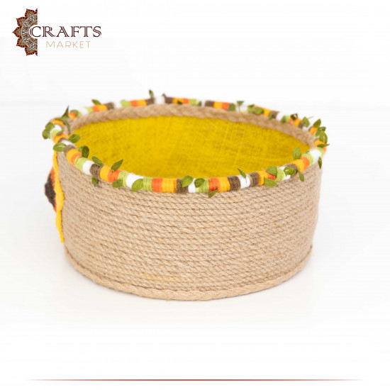 Handcrafted Multi-Color Round Burlap Basket with a sunflower Design