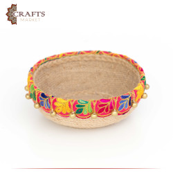 Handcrafted Multi-Color Round Burlap Plate with an Indian Design