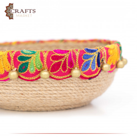 Handcrafted Multi-Color Round Burlap Plate with an Indian Design Handcrafted Multi-Color Round Burlap Plate with an Indian Design