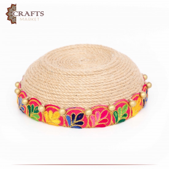 Handcrafted Multi-Color Round Burlap Plate with an Indian Design Handcrafted Multi-Color Round Burlap Plate with an Indian Design