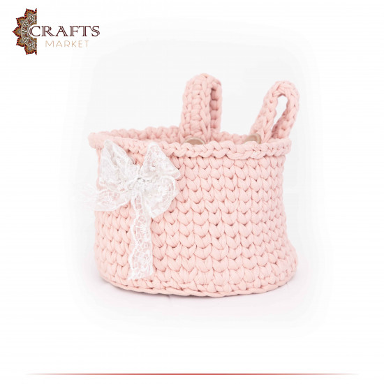 Handmade Pink Kilim Cotton Yarn Crochet Basket with a Modern Design Handmade Pink Kilim Cotton Yarn Crochet Basket with a Modern Design