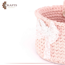 Handmade Pink Kilim Cotton Yarn Crochet Basket with a Modern Design