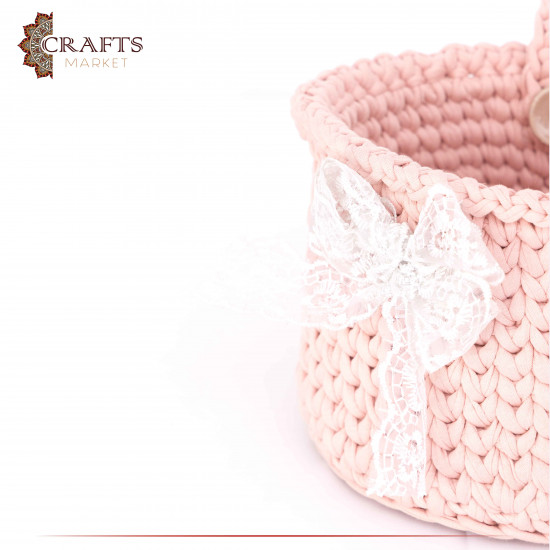 Handmade Pink Kilim Cotton Yarn Crochet Basket with a Modern Design Handmade Pink Kilim Cotton Yarn Crochet Basket with a Modern Design