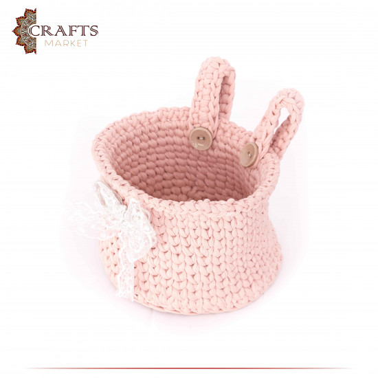Handmade Pink Kilim Cotton Yarn Crochet Basket with a Modern Design Handmade Pink Kilim Cotton Yarn Crochet Basket with a Modern Design