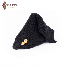 Hand-knitted Black Wool Closed Winter Scarf with Delicate Design