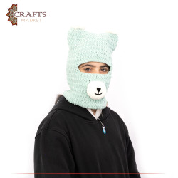 Hand-embroidered Duo-Color Velvet Wool Hat with a Bear Mask Design