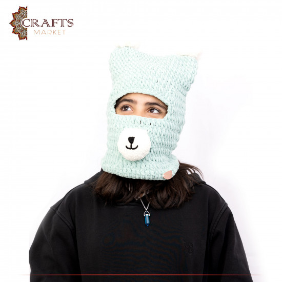 Hand-embroidered Duo-Color Velvet Wool Hat with a Bear Mask Design Hand-embroidered Duo-Color Velvet Wool Hat with a Bear Mask Design