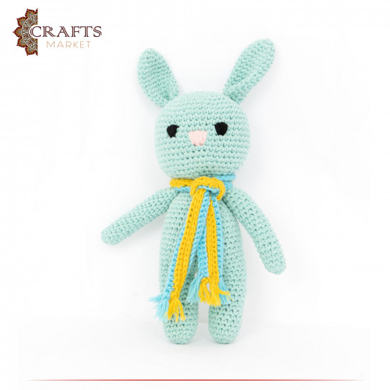 Hand-knitted green Cotton Stuffed Doll in the shape of a Rabbit