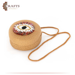 Handmade Shoulder Straw Women's Bag in Camel Color with an Eye Design
