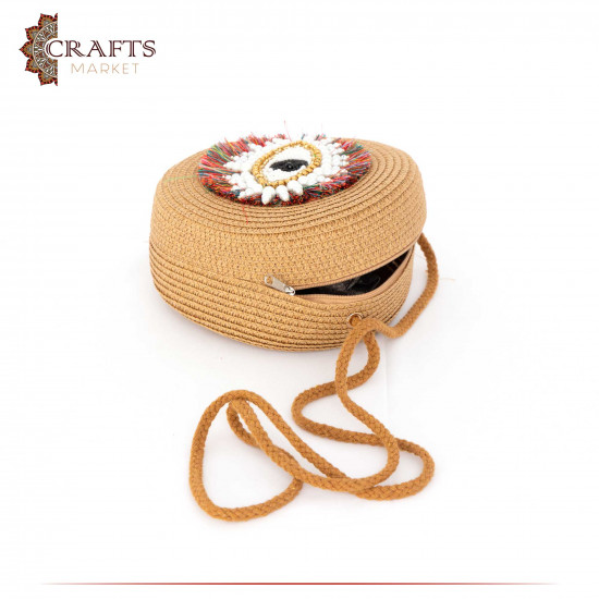 Handmade Shoulder Straw Women's Bag in Camel Color with an Eye Design Handmade Shoulder Straw Women's Bag in Camel Color with an Eye Design