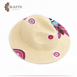 Handmade Beige straw hat with flowers and eyes design
