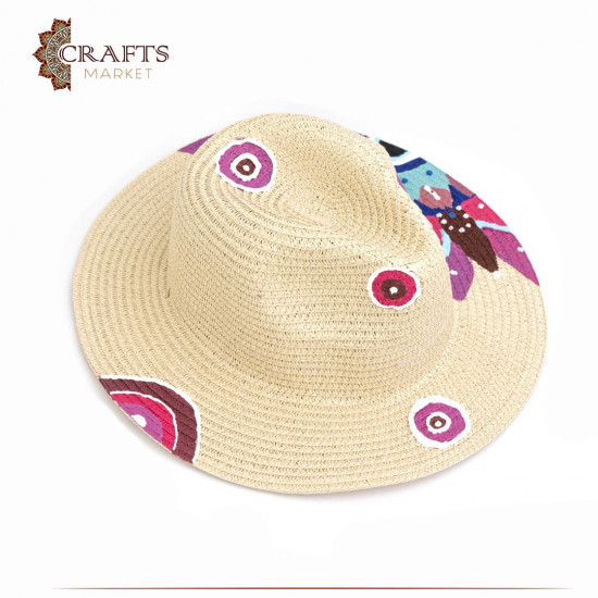 Handmade Beige straw hat with flowers and eyes design