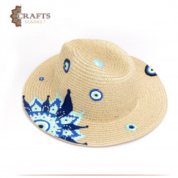 Handmade Beige straw hat with blue eyes design