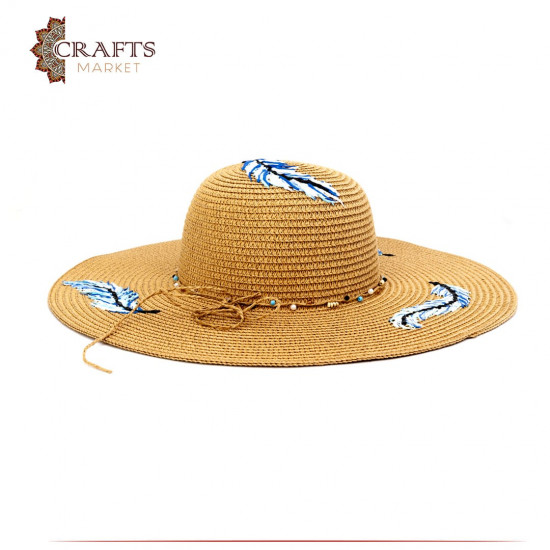 Handmade Beige straw hat with feather design Handmade Beige straw hat with feather design