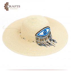 Handmade Beige straw hat with eye and fringe design