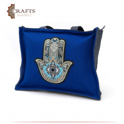 Handmade linen bag in navy color with a blue palm design