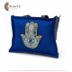 Handmade linen bag in navy color with a blue palm design Handmade linen bag in navy color with a blue palm design
