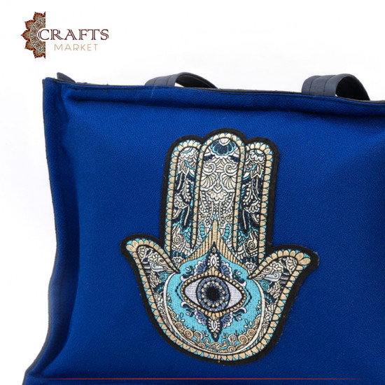 Handmade linen bag in navy color with a blue palm design Handmade linen bag in navy color with a blue palm design
