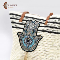 Handmade Beige straw bag with blue palm design