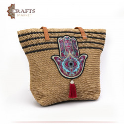 Handmade Brown straw bag with a burgundy palm design