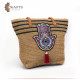 Handmade Brown straw bag with a burgundy palm design