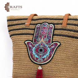 Handmade Brown straw bag with a burgundy palm design