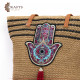 Handmade Brown straw bag with a burgundy palm design