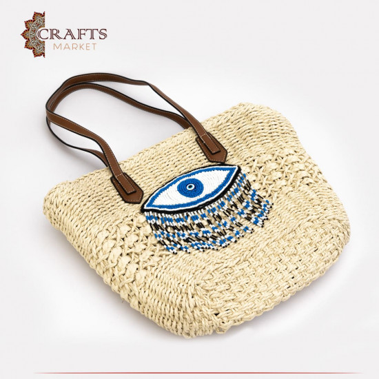 Handmade Beige and Brown straw bag with eye design