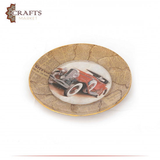 Hand-decorated Glass Dish, Table Decor with decoupage Art in a Car design Hand-decorated Glass Dish, Table Decor with decoupage Art in a Car design
