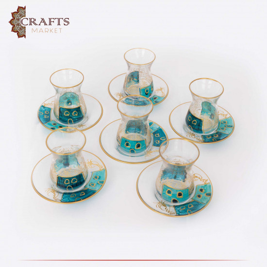 Glass Tea Cup Set with Village Design, 12PCs Glass Tea Cup Set with Village Design, 12PCs