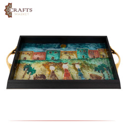 Hand-decorated Plastic & Wood Tray with the Village Design 