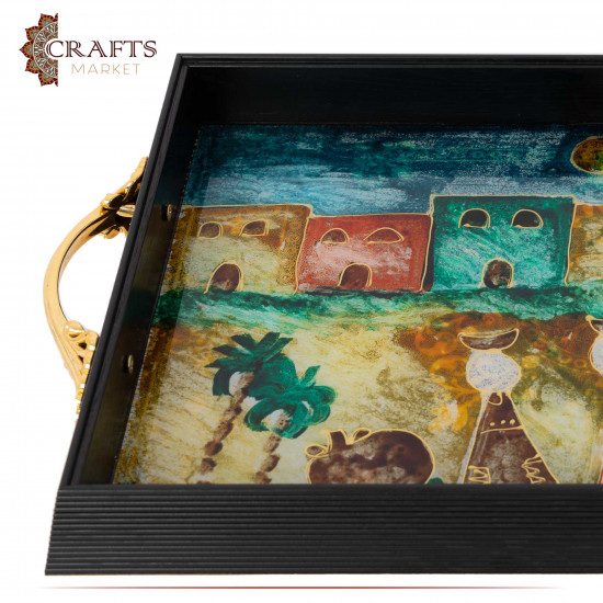 Hand-decorated Plastic & Wood Tray with the Village Design Hand-decorated Plastic & Wood Tray with the Village Design