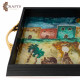 Hand-decorated Plastic & Wood Tray with the Village Design Hand-decorated Plastic & Wood Tray with the Village Design
