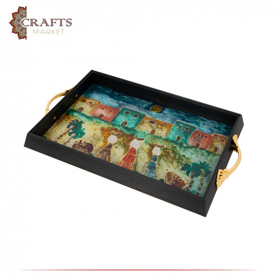 Hand-decorated Plastic & Wood Tray with the Village Design Hand-decorated Plastic & Wood Tray with the Village Design