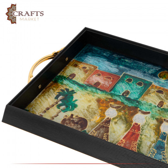 Hand-decorated Plastic & Wood Tray with the Village Design Hand-decorated Plastic & Wood Tray with the Village Design
