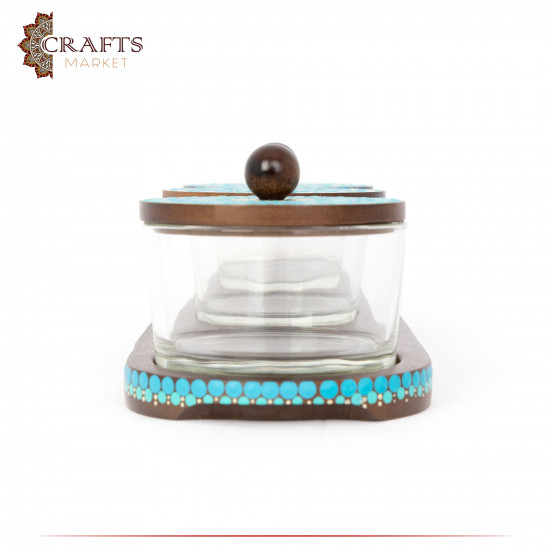 Triple Serving Dish Set of Wood & Glass with Mandala Design, 7 pieces